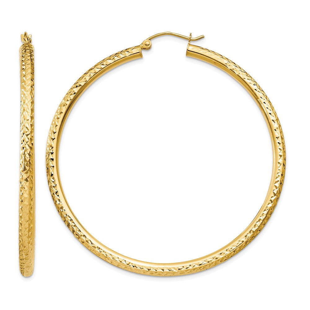 14k 3x55mm Diamond-cut Round Tube Hoop Earrings, 55 x 3 mm