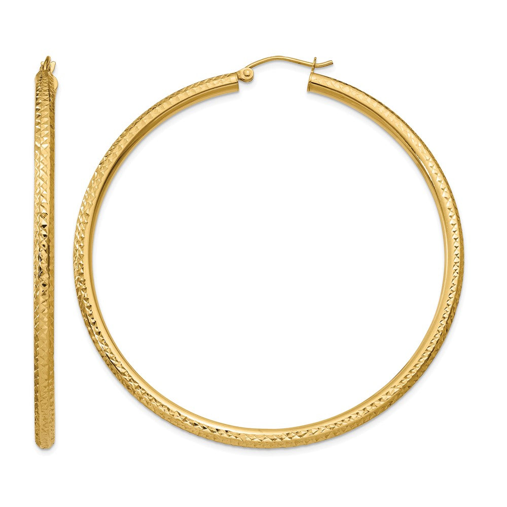 14k 3x60mm Diamond-cut Round Tube Hoop Earrings, 60 x 3 mm