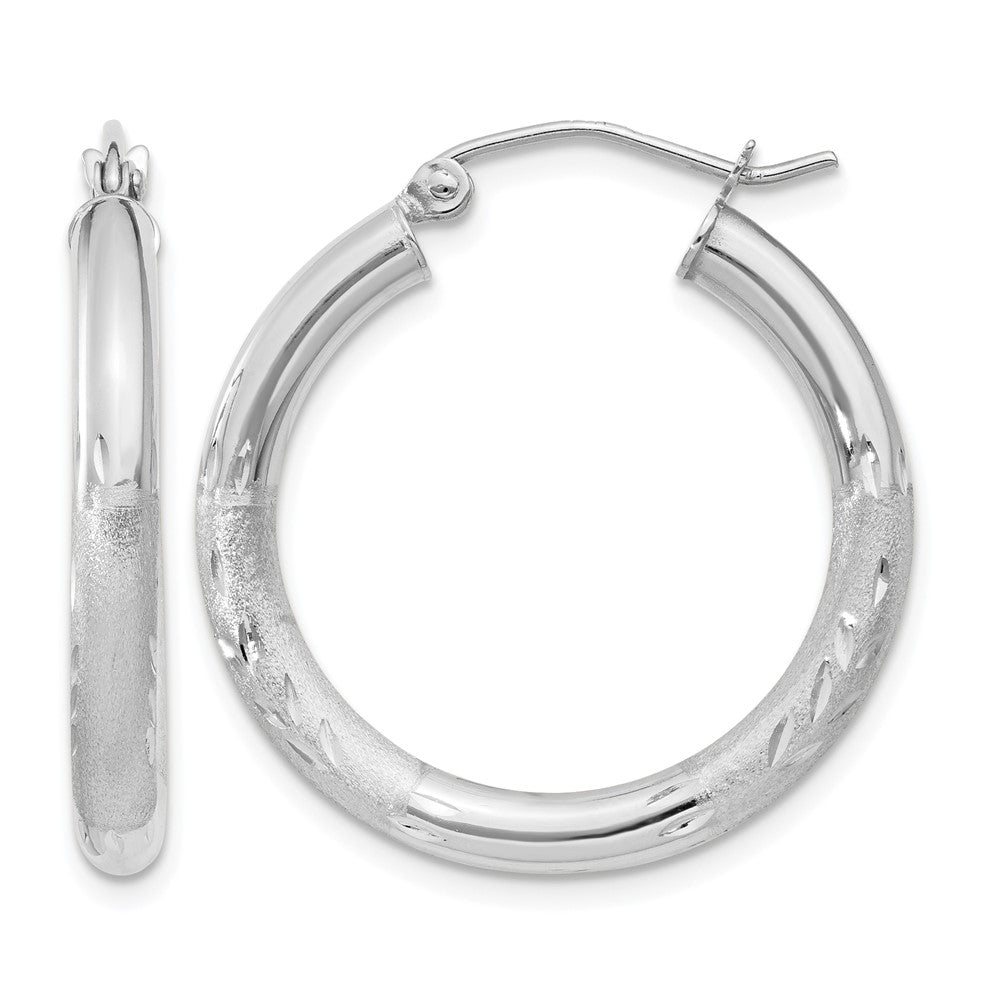 14k White Gold 3x24mm Satin Diamond-cut Round Tube Hoop Earrings, 20 x 3 mm