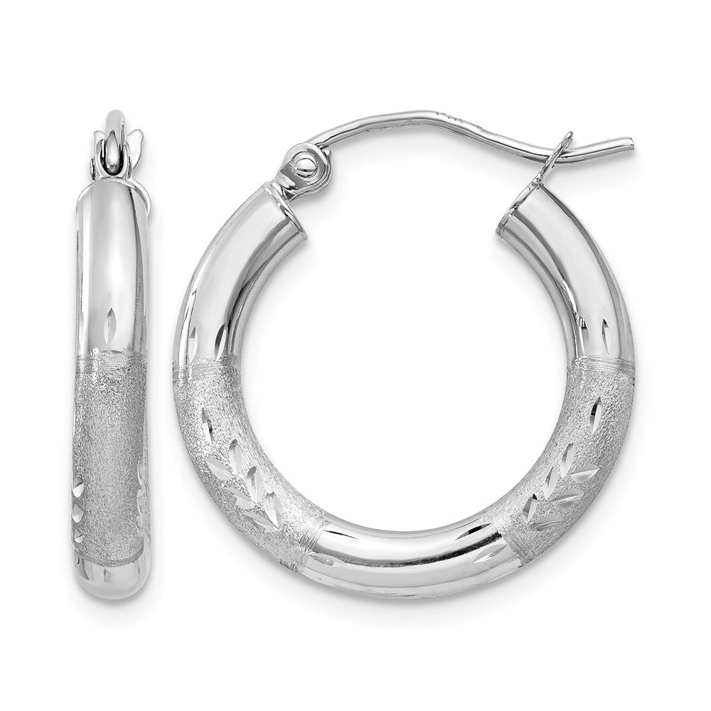 14k White Gold 3x18mm Satin Diamond-cut Round Tube Hoop Earrings, 15 x 3 mm