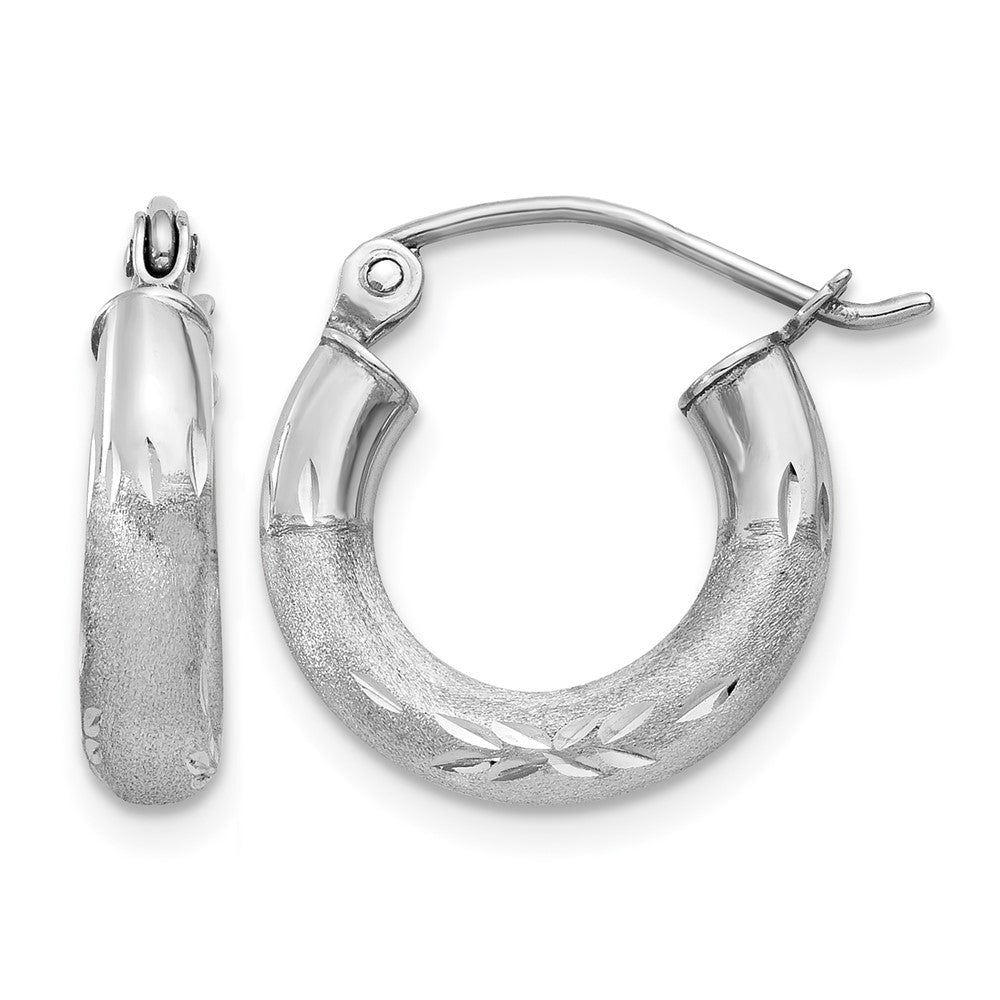 14k White Gold 3x13mm Satin Diamond-cut Round Tube Hoop Earrings, 10 x 3 mm