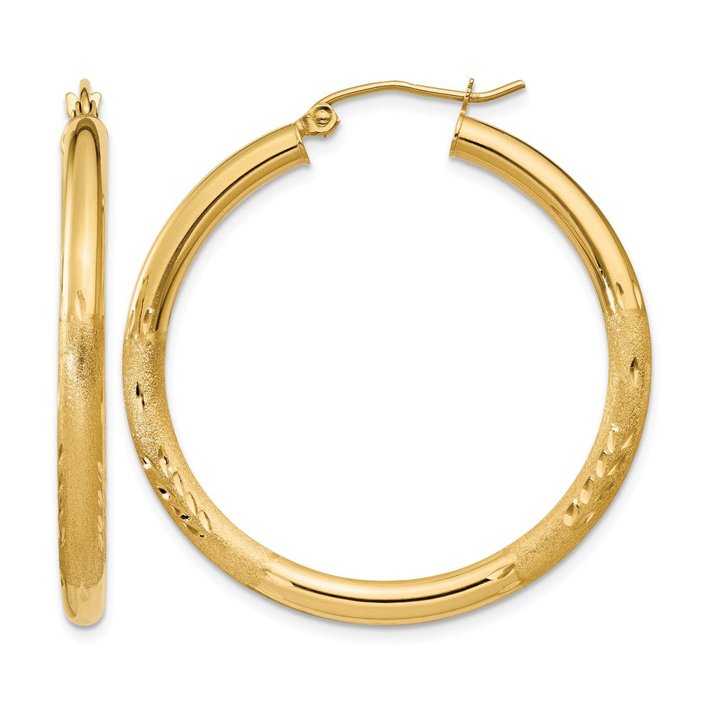 14k 3x35mm Satin Diamond-cut Round Tube Hoop Earrings, 35 x 3 mm