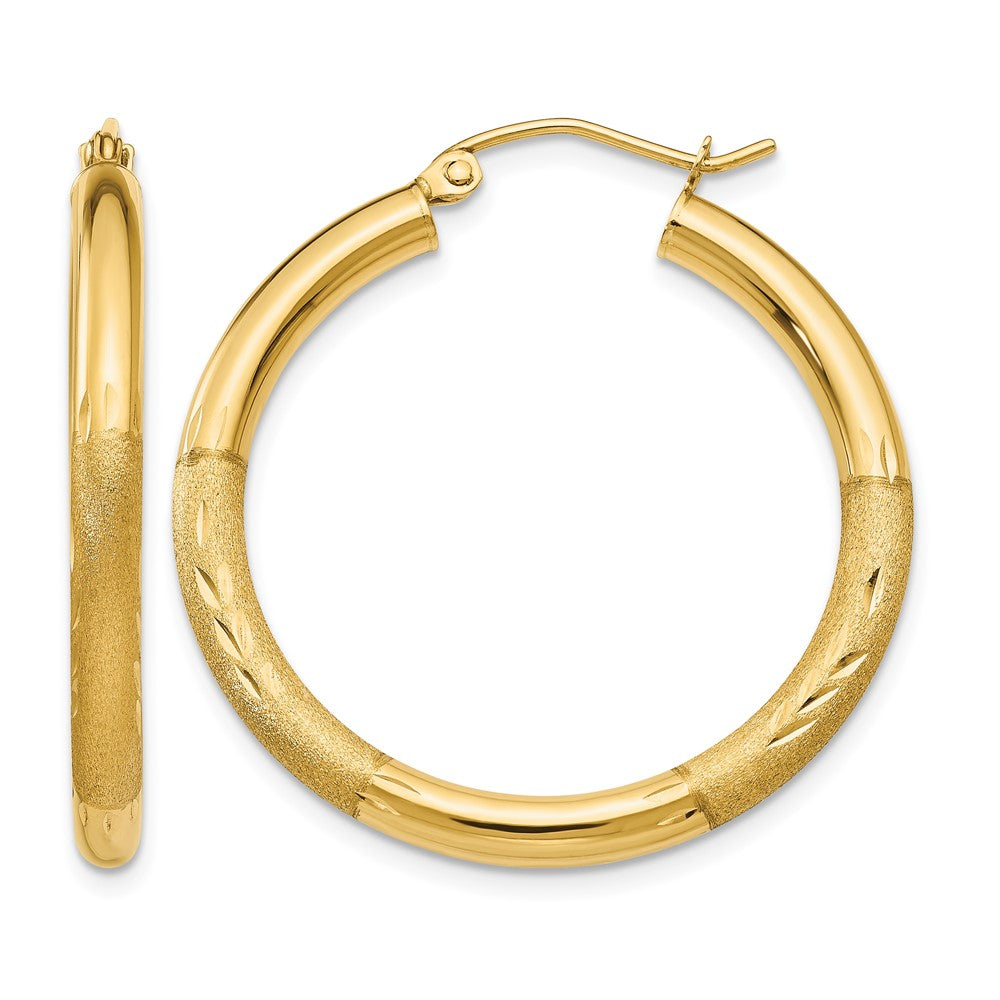 14k 3x30mm Satin Diamond-cut Round Tube Hoop Earrings, 30 x 3 mm
