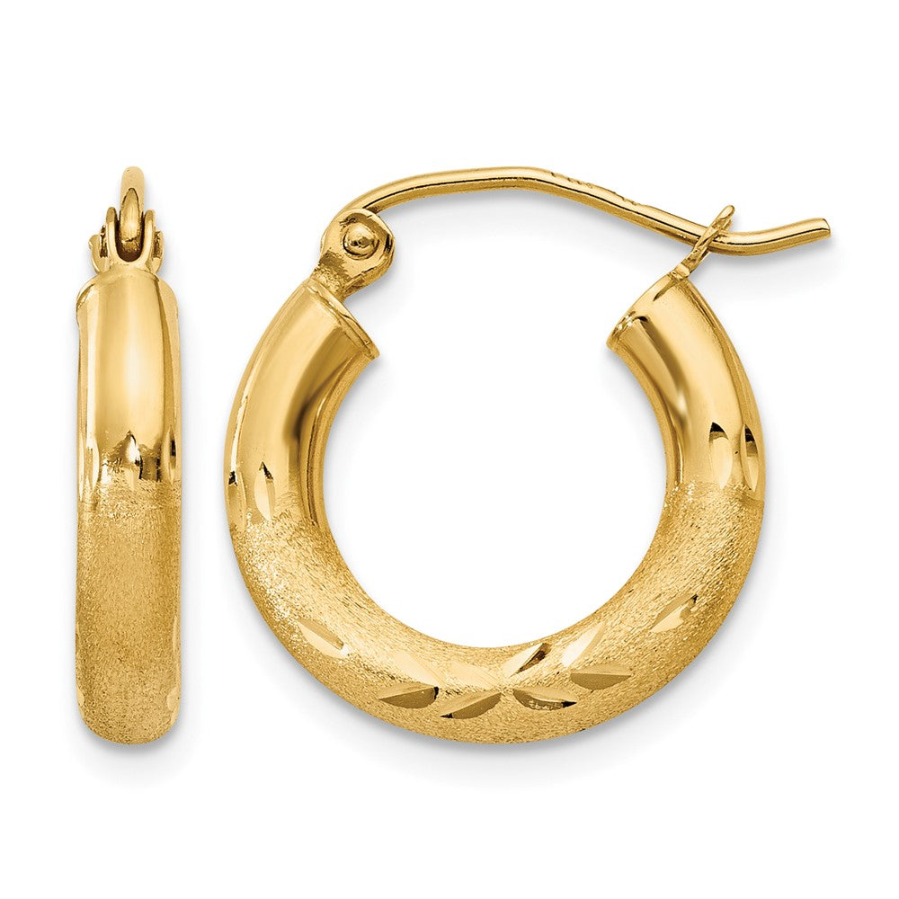 14k 3x16mm Satin Diamond-cut Round Tube Hoop Earrings, 16 x 3 mm