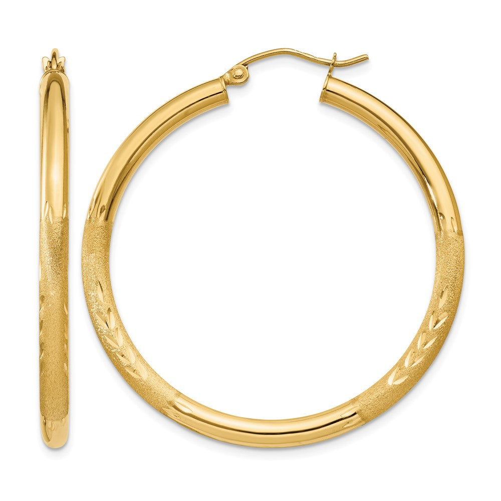 14k 3x40mm Satin Diamond-cut Round Tube Hoop Earrings, 40 x 3 mm