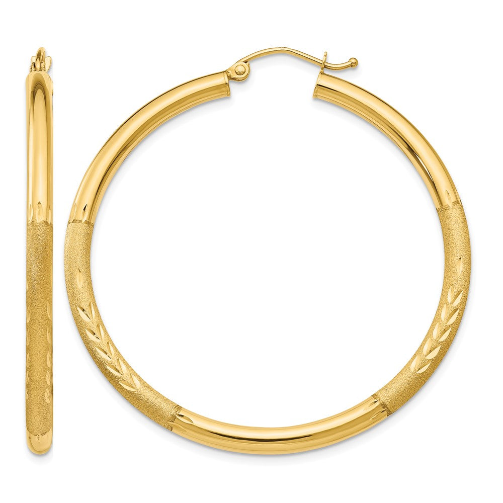 14k 3x45mm Satin Diamond-cut Round Tube Hoop Earrings, 45 x 3 mm