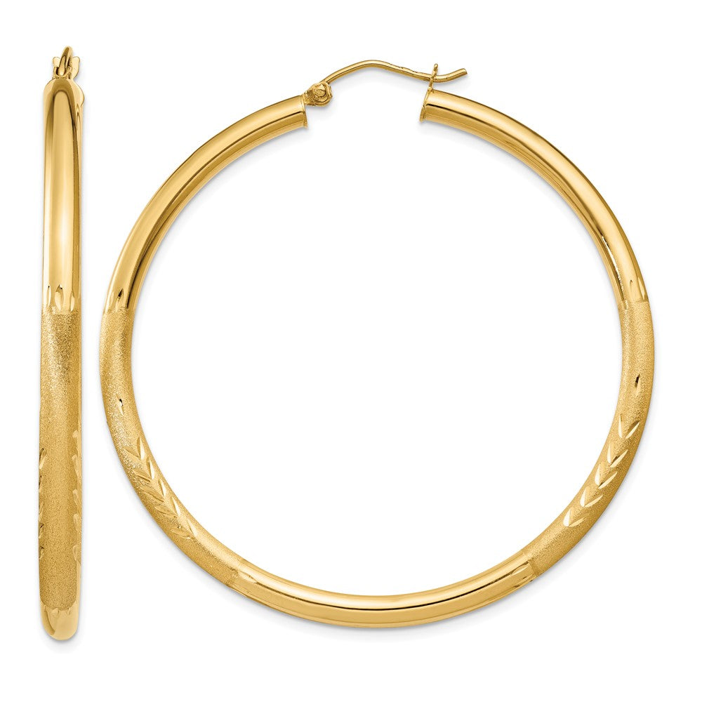 14k 3x50mm Satin Diamond-cut Round Tube Hoop Earrings, 50 x 3 mm