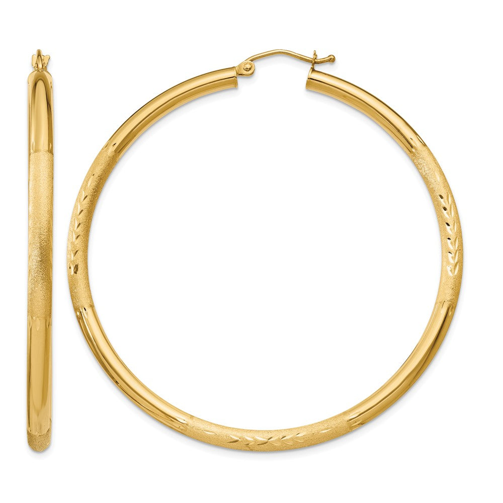 14k 3x55mm Satin Diamond-cut Round Tube Hoop Earrings, 55 x 3 mm