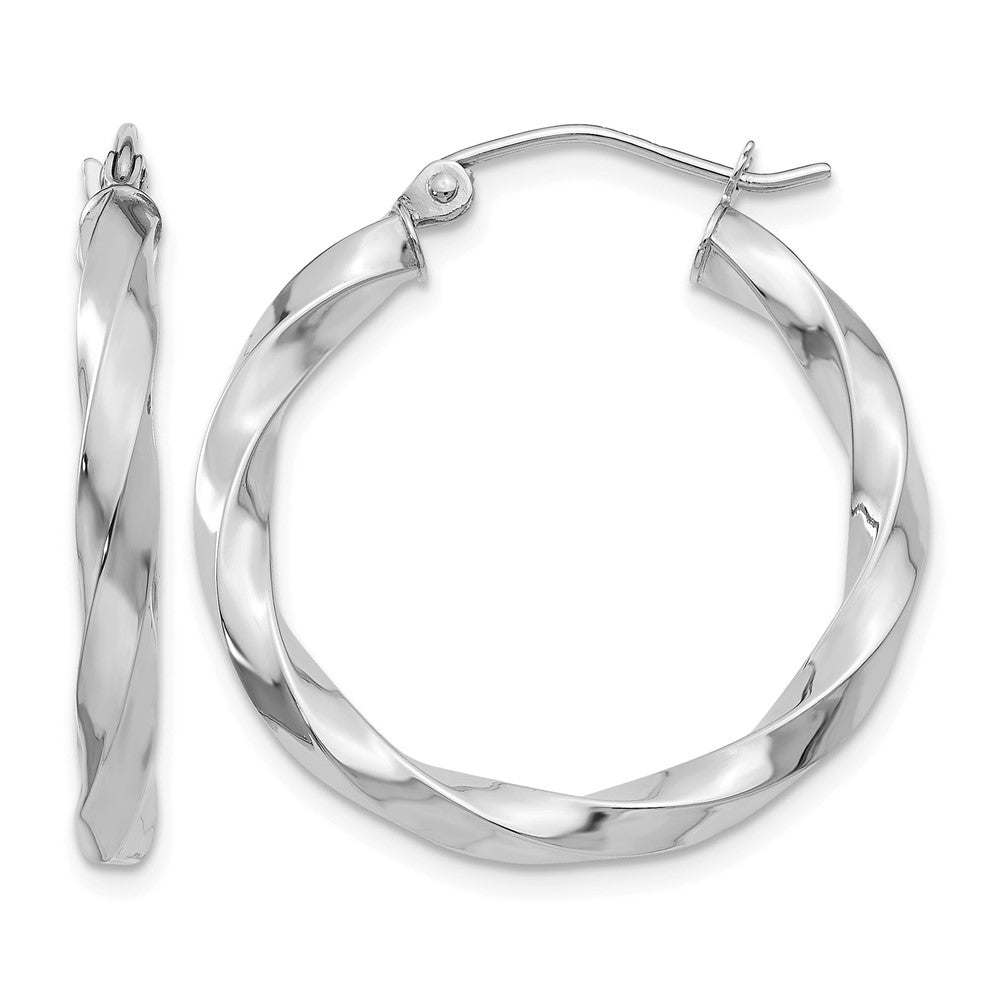 14k White Gold 3mm Twisted Hoop Earrings, 26 x 3 mm