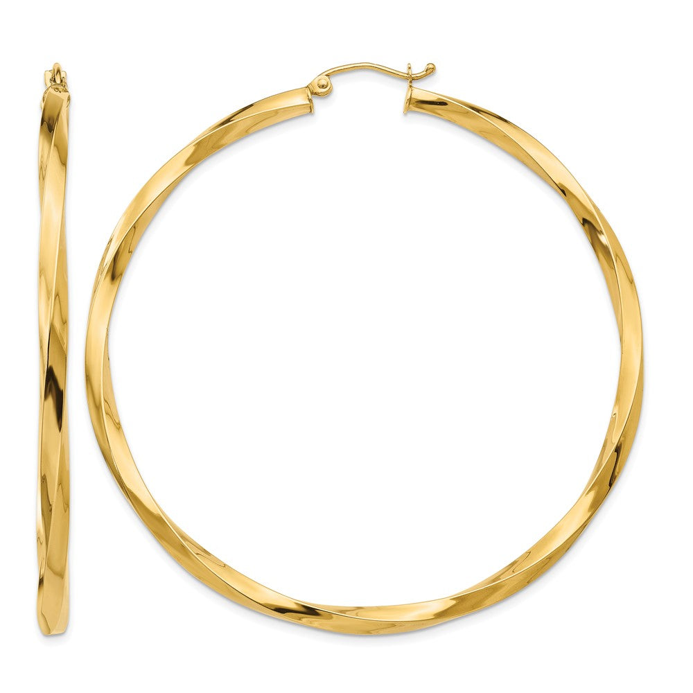 14k Polished 3mm Twisted Hoop Earrings, 60 x 3 mm