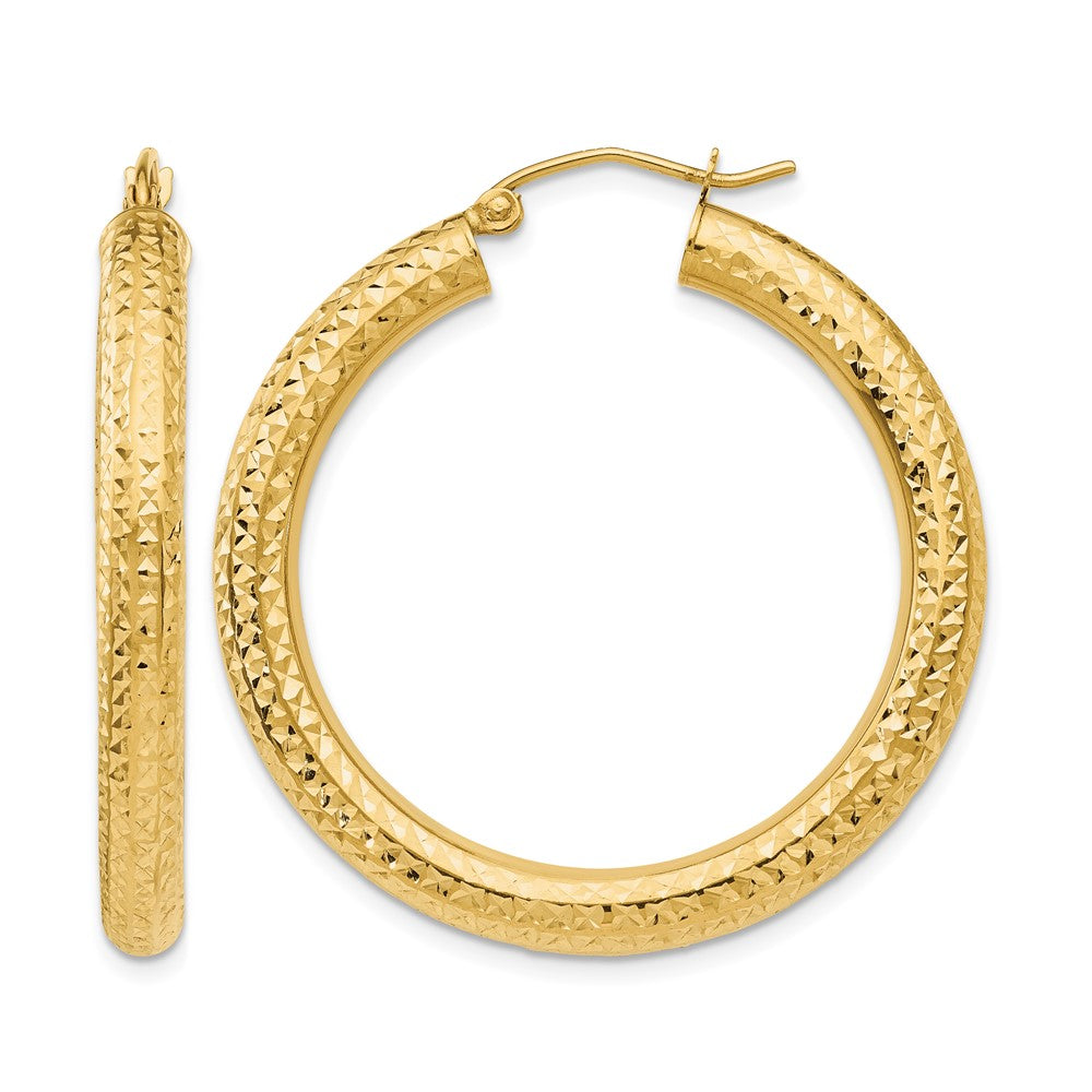 14k 4x35mm Diamond-cut Round Tube Hoop Earrings, 35 x 4 mm, 3.1 g