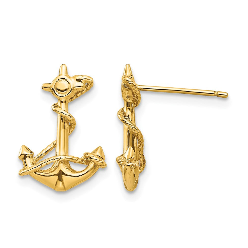 14k 3-D Anchor with Rope Post Earrings, 16 x 11 mm