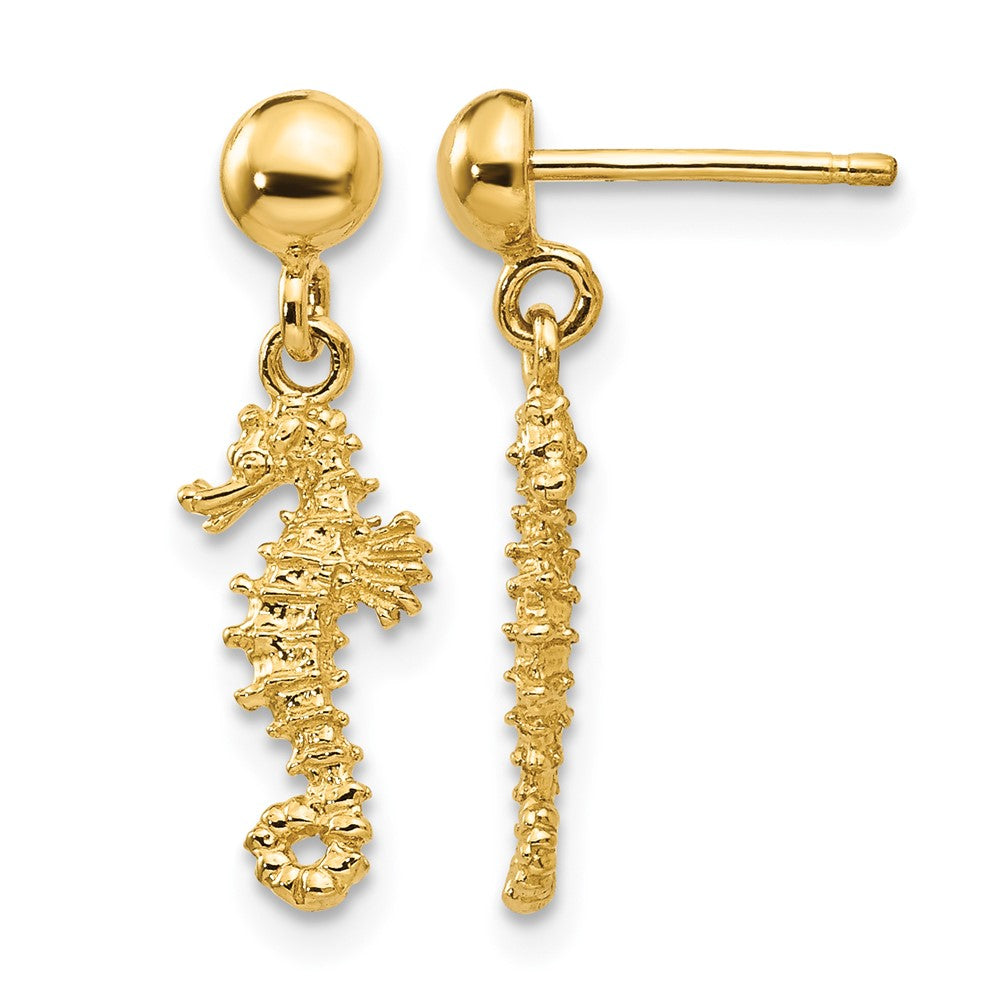 14k 3-D Mini Seahorse Dangle Post Earrings, 20 x 6 mm