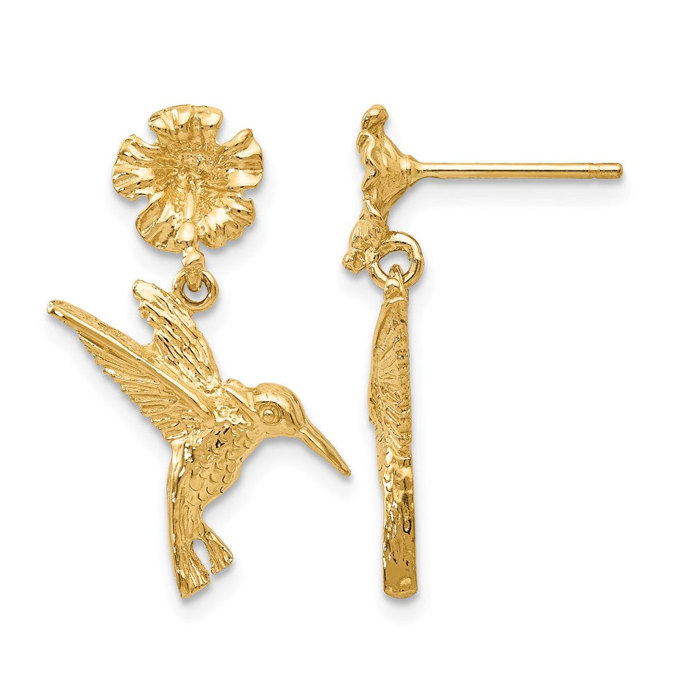 14k Hummingbird Dangles from Flower Post Earrings, 24 x 14 mm