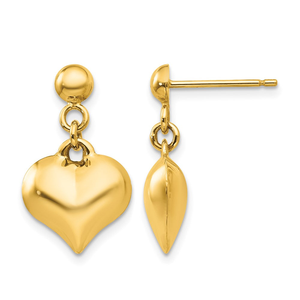 14k Polished Puffed Heart Dangle Post Earrings, 16 x 12 mm
