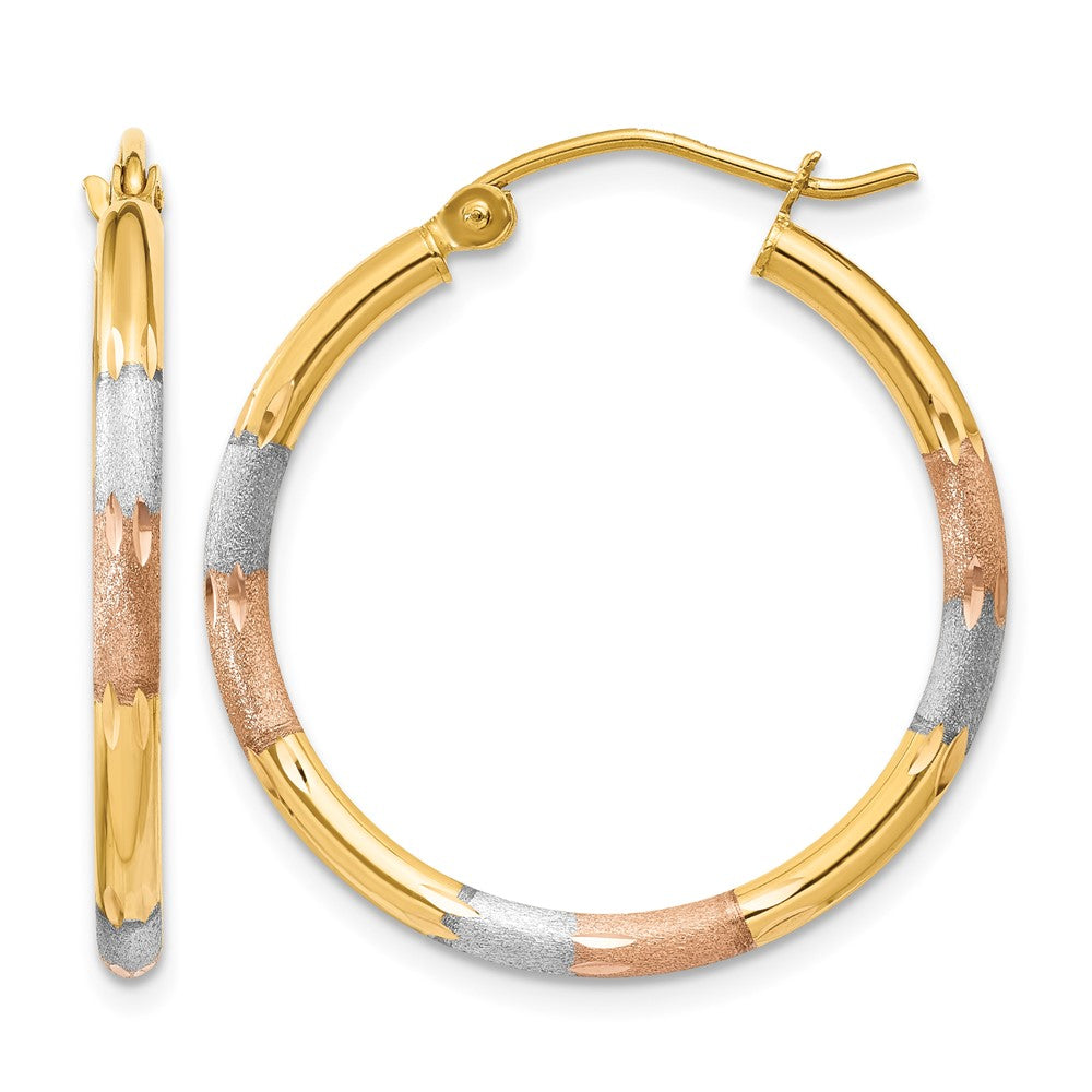 14K w/White and Rose Rhodium 2mm Satin & D/C Hoop Earrings, 22 x 2 mm