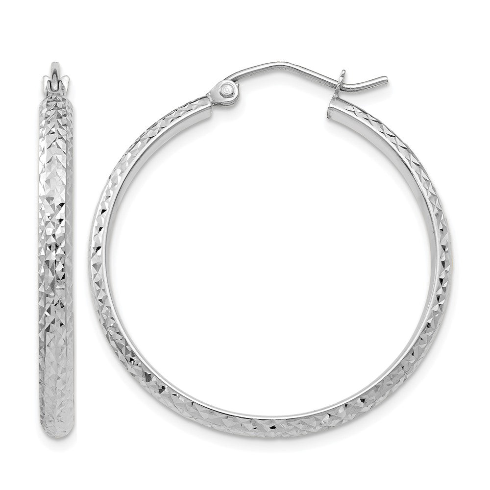 14K White Gold 2.8x30mm Diamond-cut Tube Hoop Earrings, 30 x 2.5 mm