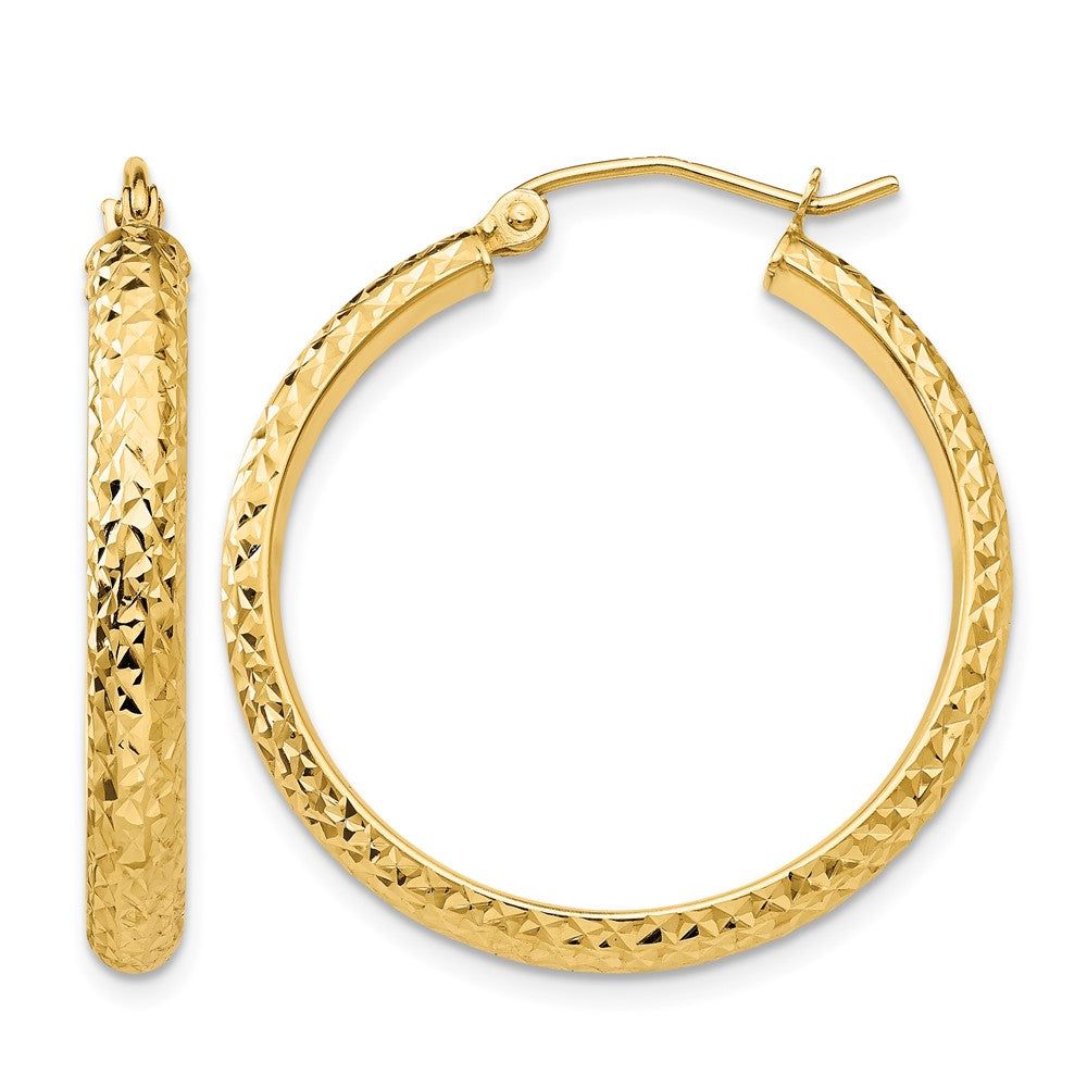 14K 3.5x28mm Diamond-cut Tube Hoop Earrings, 28 x 3.5 mm
