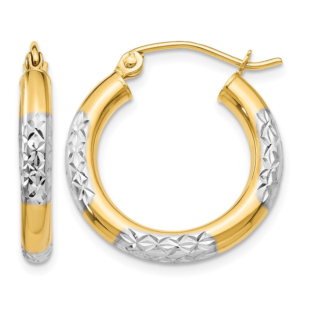 14K & Rhodium Diamond-cut 3x20mm Hoop Earrings, 20 x 3 mm
