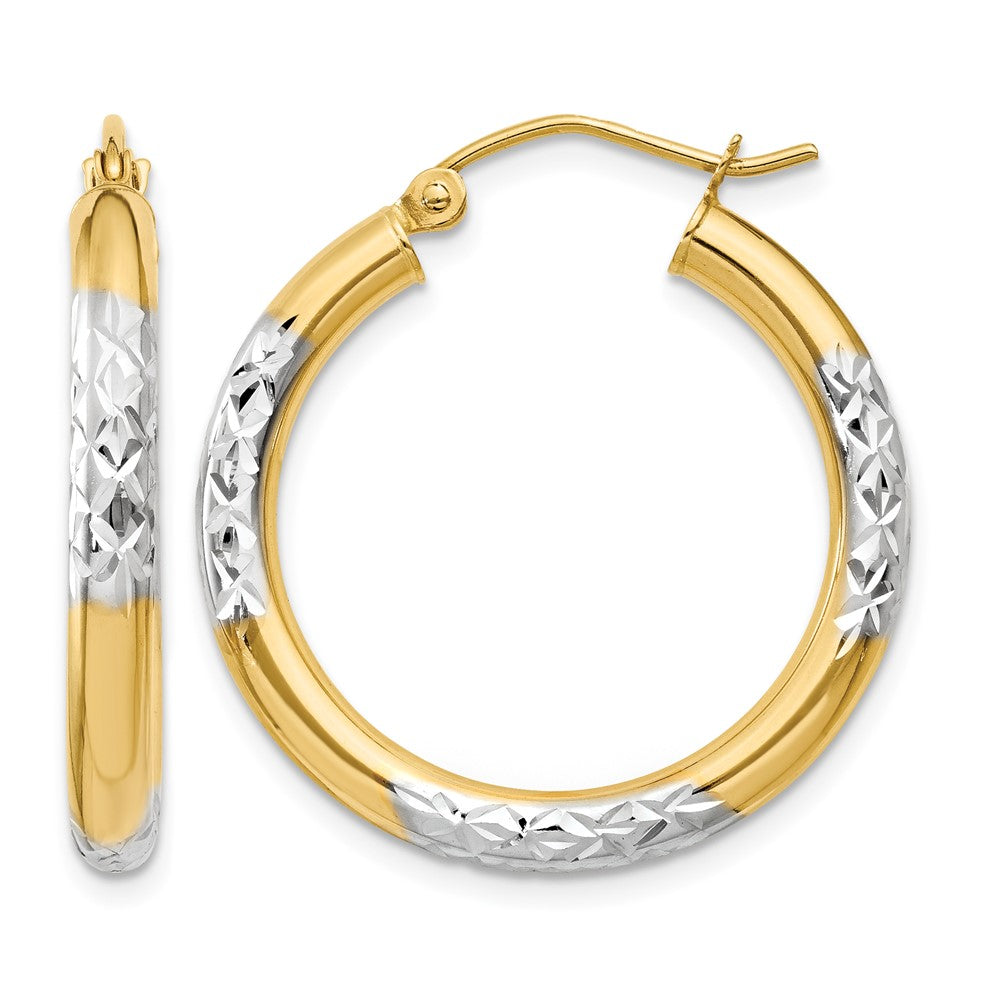 14K and Rhodium Diamond-cut 3x25mm Hoop Earrings, 25 x 3 mm