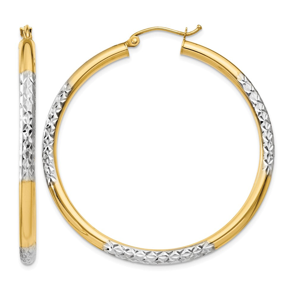 14K and Rhodium Diamond-cut 3x45mm Hoop Earrings, 45 x 3 mm