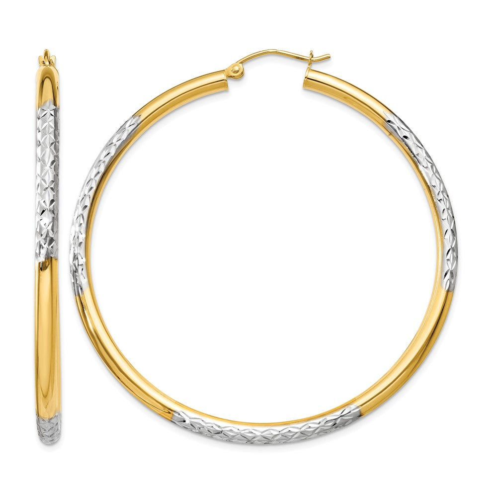 14K and Rhodium Diamond-cut 3x55mm Hoop Earrings, 55 x 3 mm
