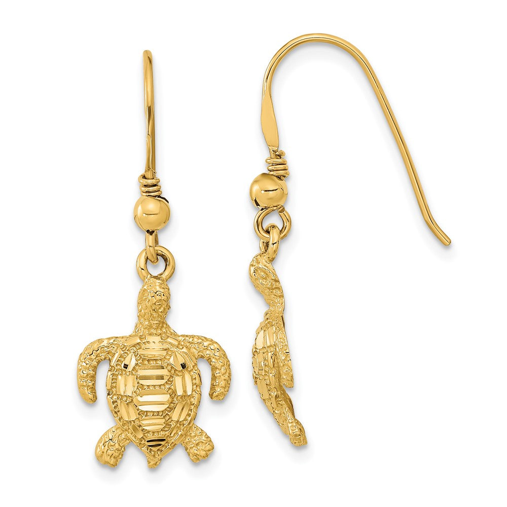 14k Polished and Textured Diamond-cut Turtle French Hook Earrings, 33.5 x 12 mm