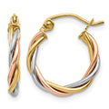14k Tri-color Polished 2.5mm Twisted Hoop Earrings, 8 x 2.5 mm