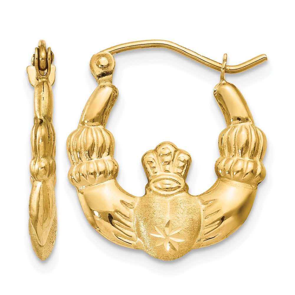 14k Polished and Satin Claddagh Hoop Earrings, 19 x 2.5 mm
