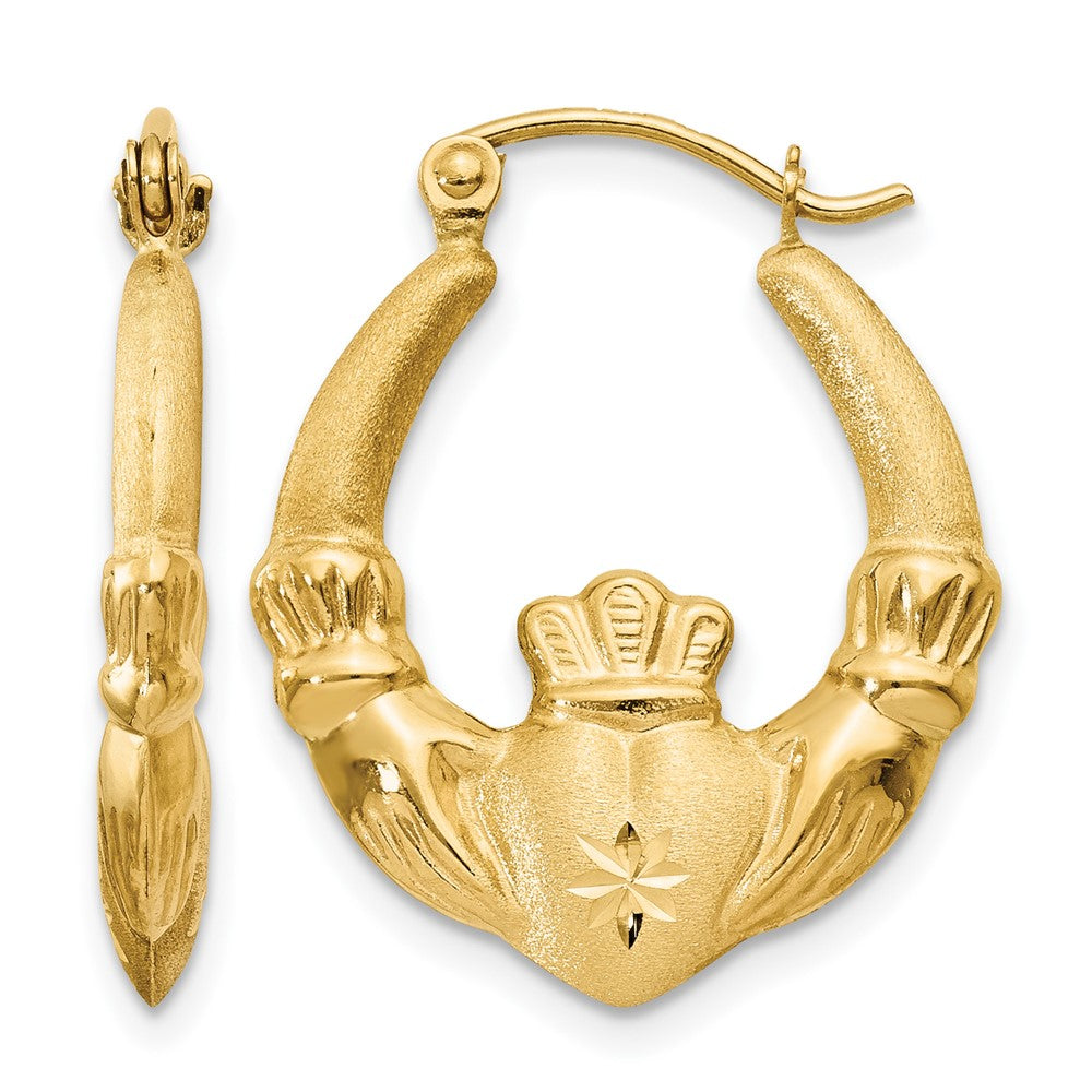 14k Polished and Satin Claddagh Hoop Earrings, 22.5 x 3.25 mm