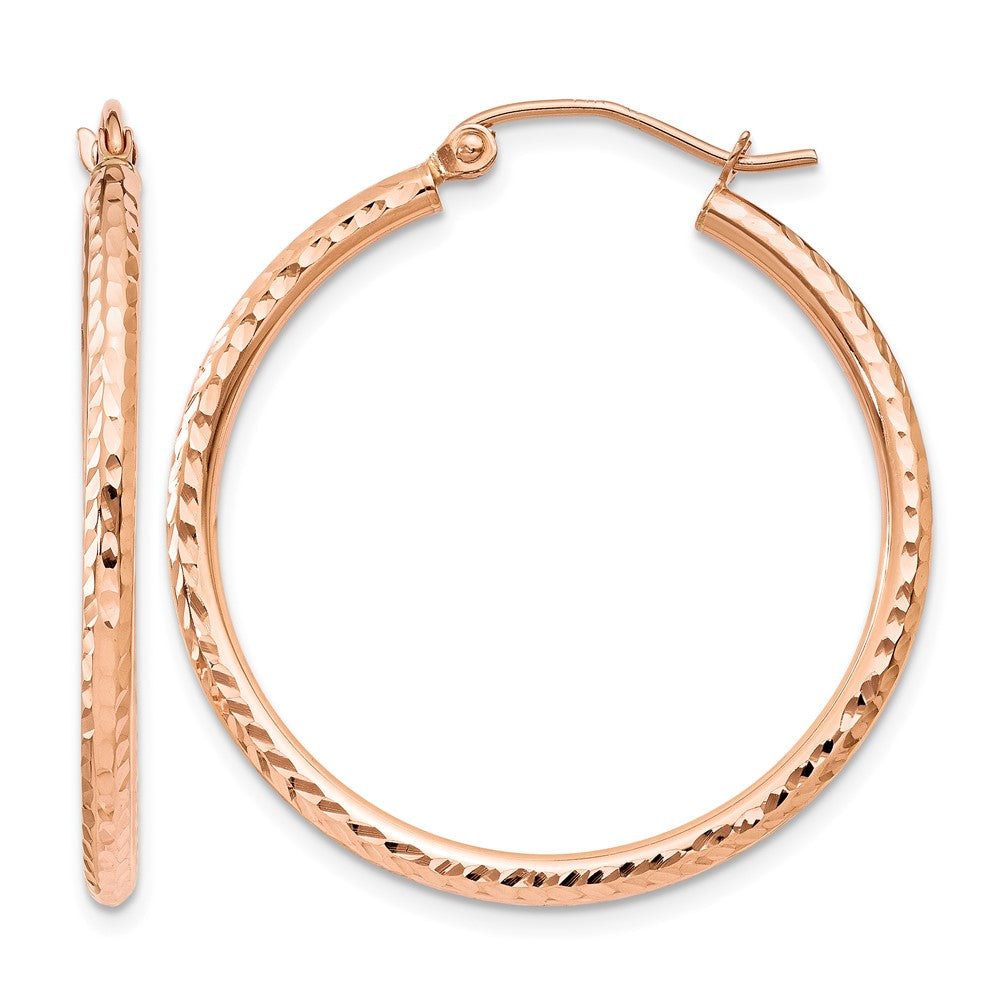 14k Rose Gold 2x30mm Diamond-cut Polished Tube Hoop Earrings, 30 x 2 mm