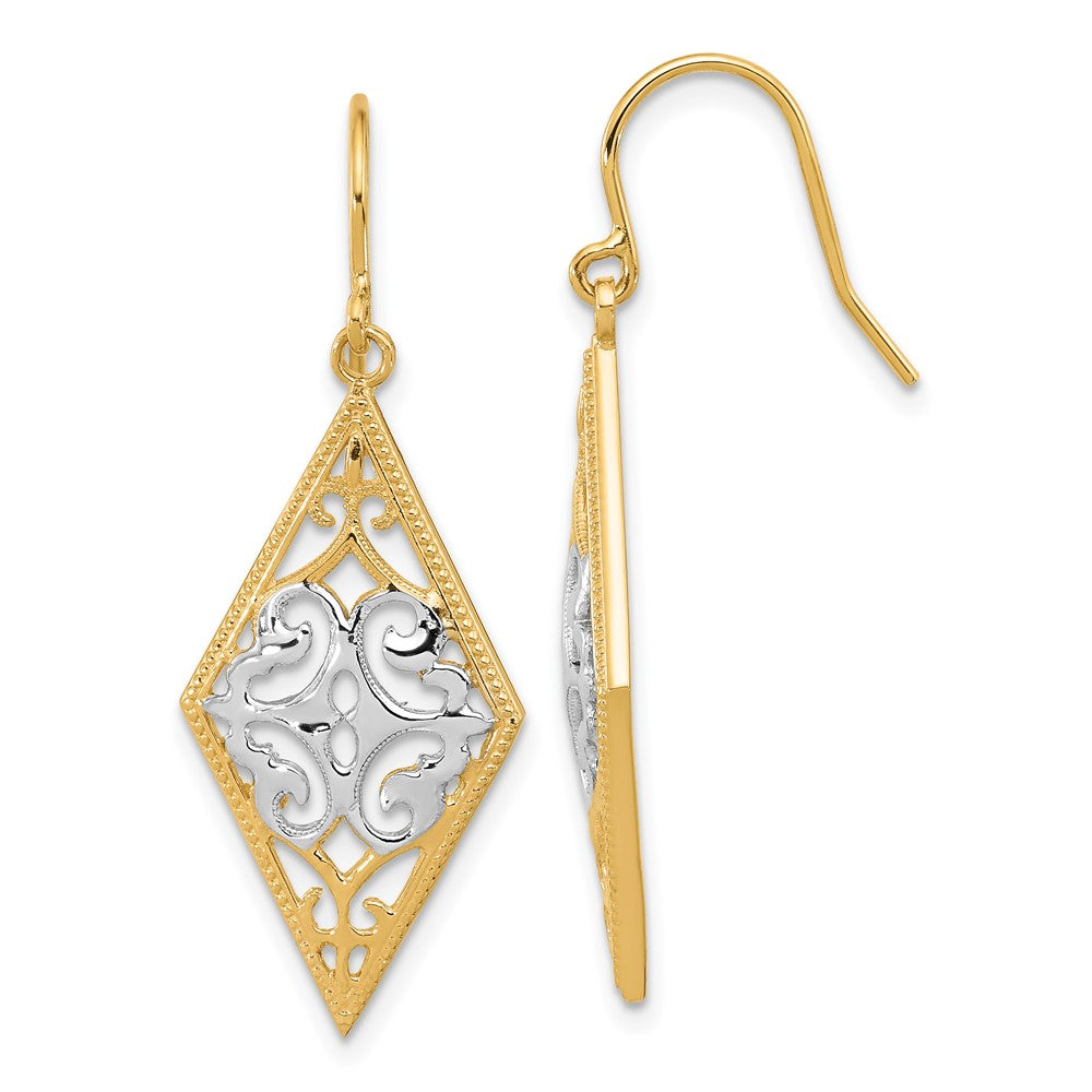 14K and White Rhodium Diamond-Shape Filigree Dangle French Hook Earrings, 39 x 14 mm