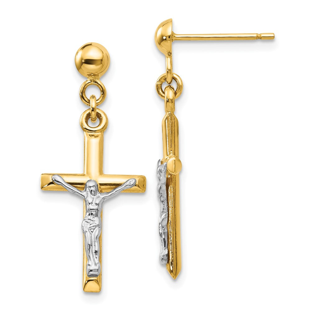 14k Two-tone Hollow Crucifix Dangle Post Earrings, 29 x 12 mm