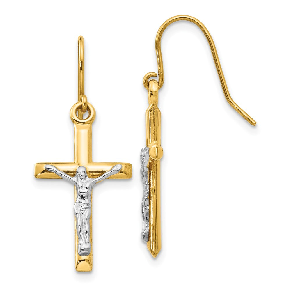14k Two-tone Polished Crucifix Dangle French Hook Earrings, 30 x 12 mm