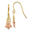 14K Two-tone Fancy Plumeria Dangle French Wire Earrings, 24 x 7 mm
