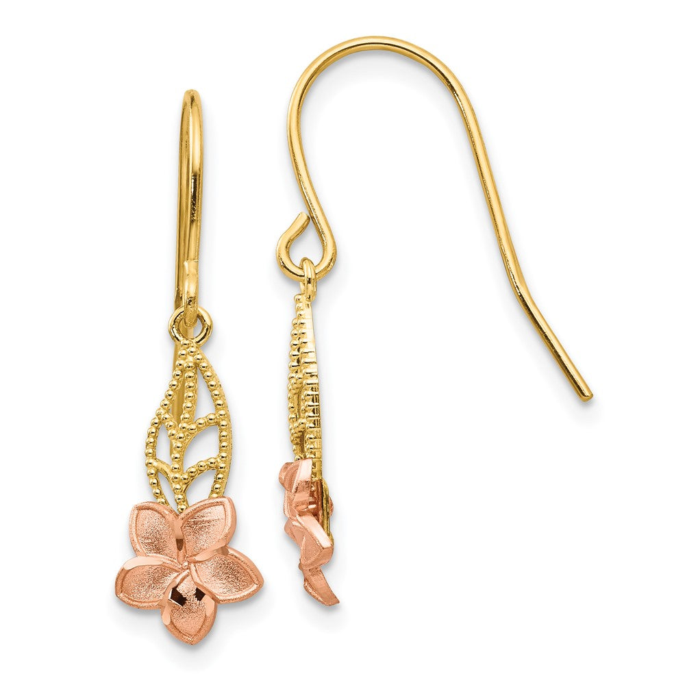 14K Two-tone Fancy Plumeria Dangle French Wire Earrings, 24 x 7 mm