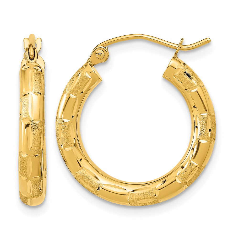 14k Polished Satin and Diamond-cut Hoop Earrings, 21.25 x 3 mm
