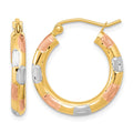 14k w/White and Rose Rhodium Polished Satin Diamond-cut Hoop Earrings, 21.5 x 3 mm