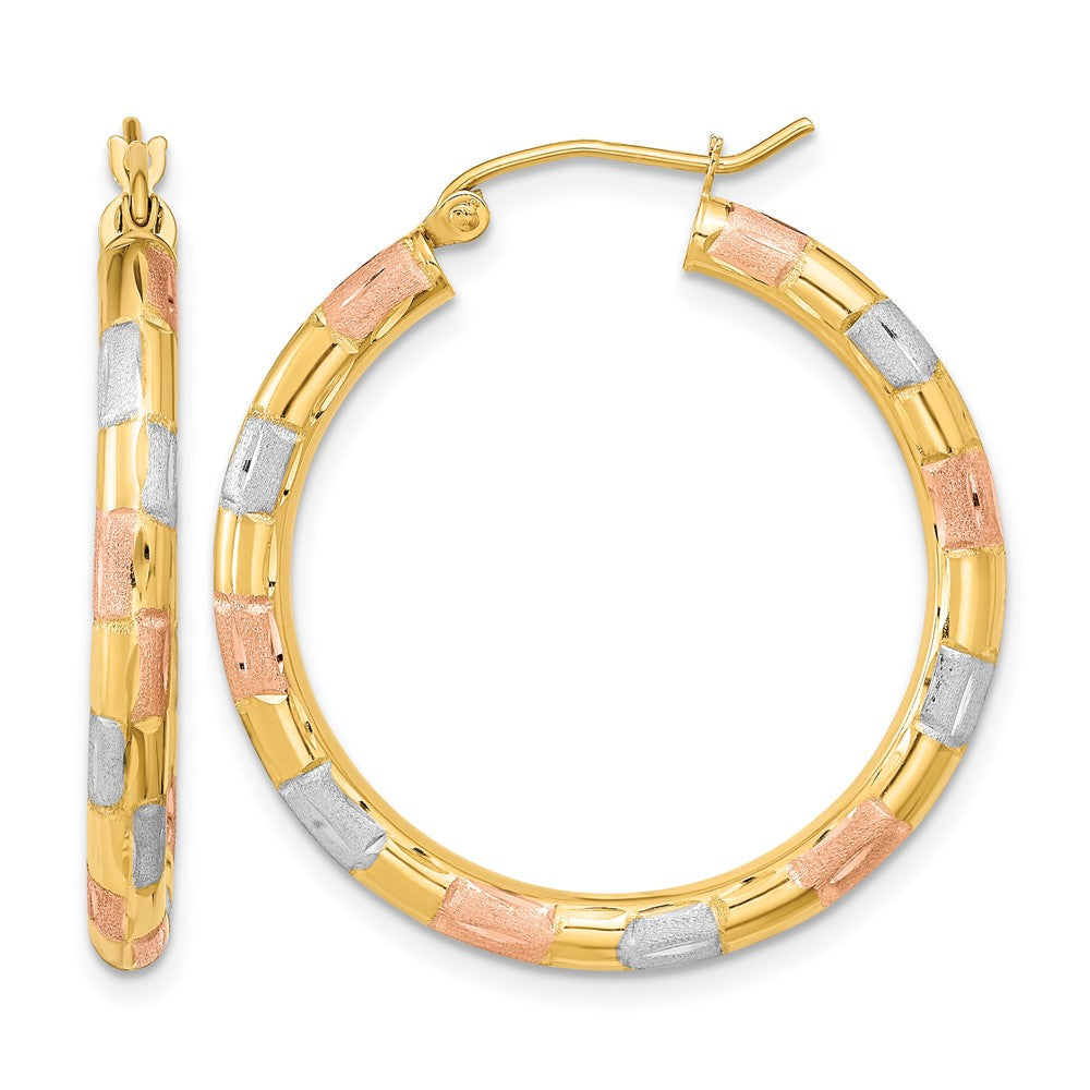14k w/ White and Rose Rhodium Polished Satin Diamond-cut Hoop Earrings, 32.25 x 3 mm