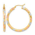 14k w/ White and Rose Rhodium Polished Satin Diamond-cut Hoop Earrings, 36.5 x 3 mm