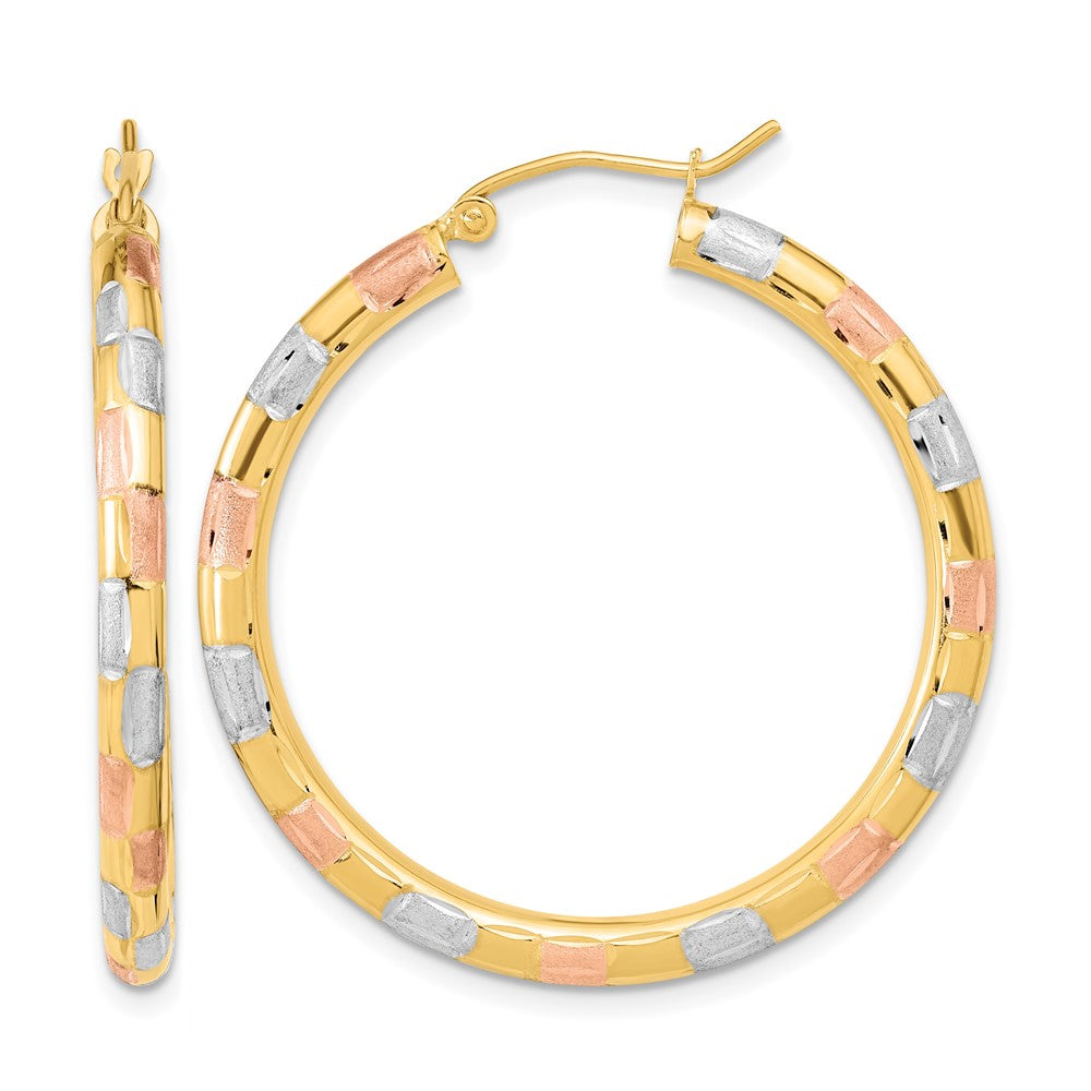 14k w/ White and Rose Rhodium Polished Satin Diamond-cut Hoop Earrings, 36.5 x 3 mm