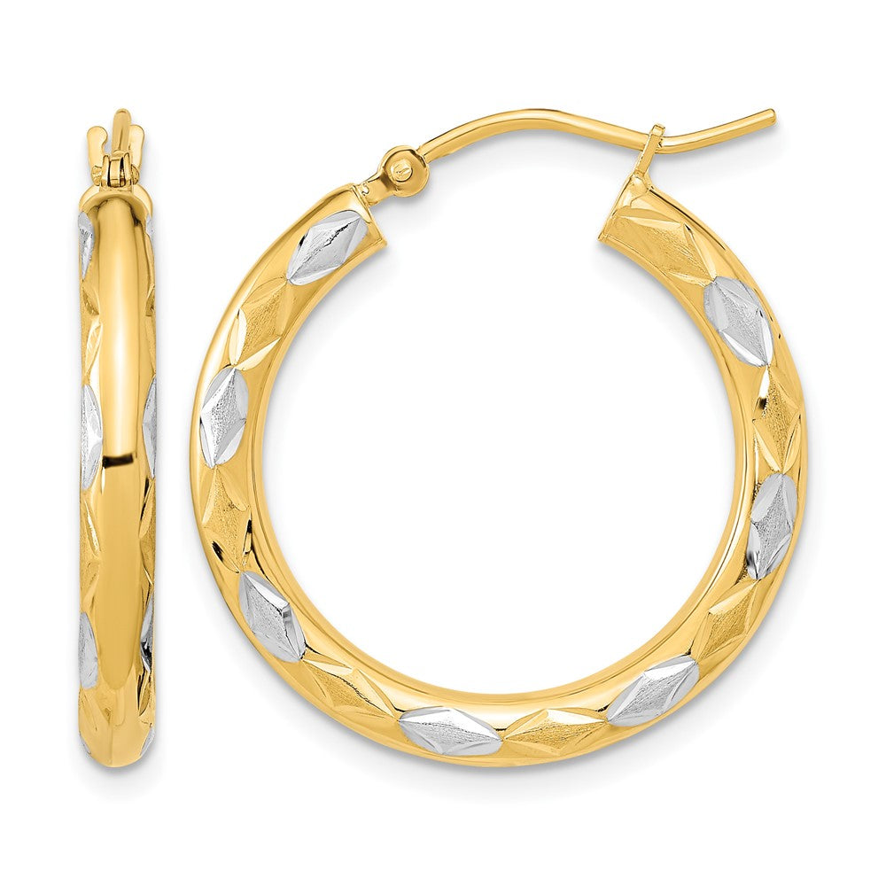 14k White Rhodium Polished Satin and Diamond-cut Hoop Earrings, 26.5 x 3 mm