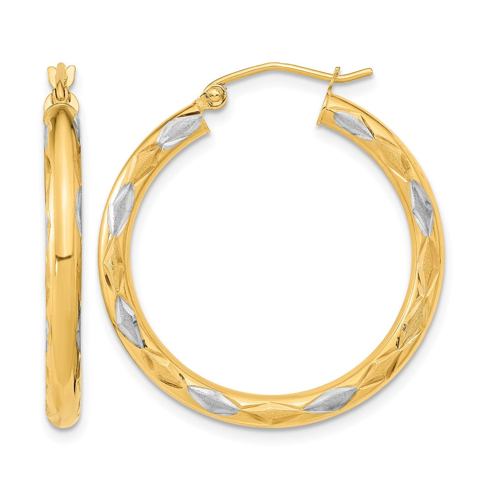 14k White Rhodium Polished Satin and Diamond-cut Hoop Earrings, 31.75 x 3 mm