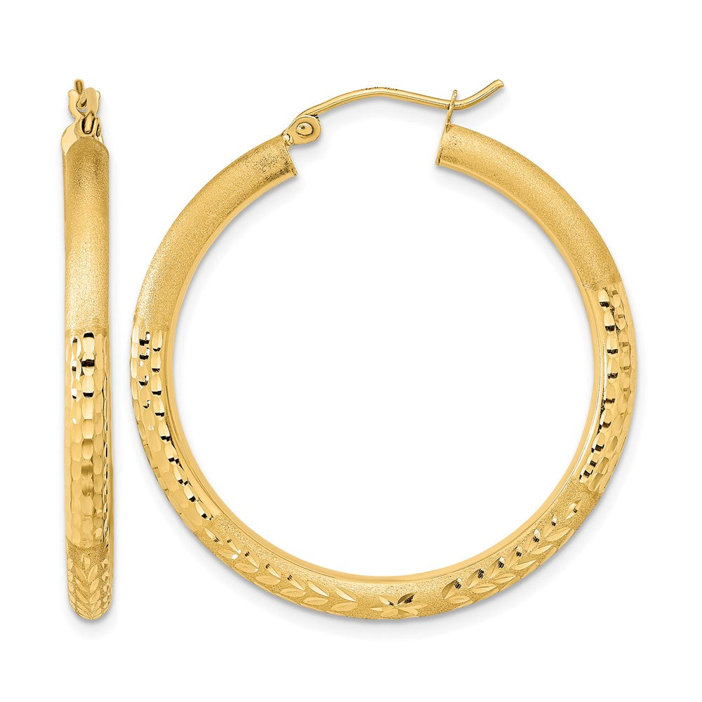 14k Polished Satin and Diamond-cut Hoop Earrings, 36.75 x 3 mm