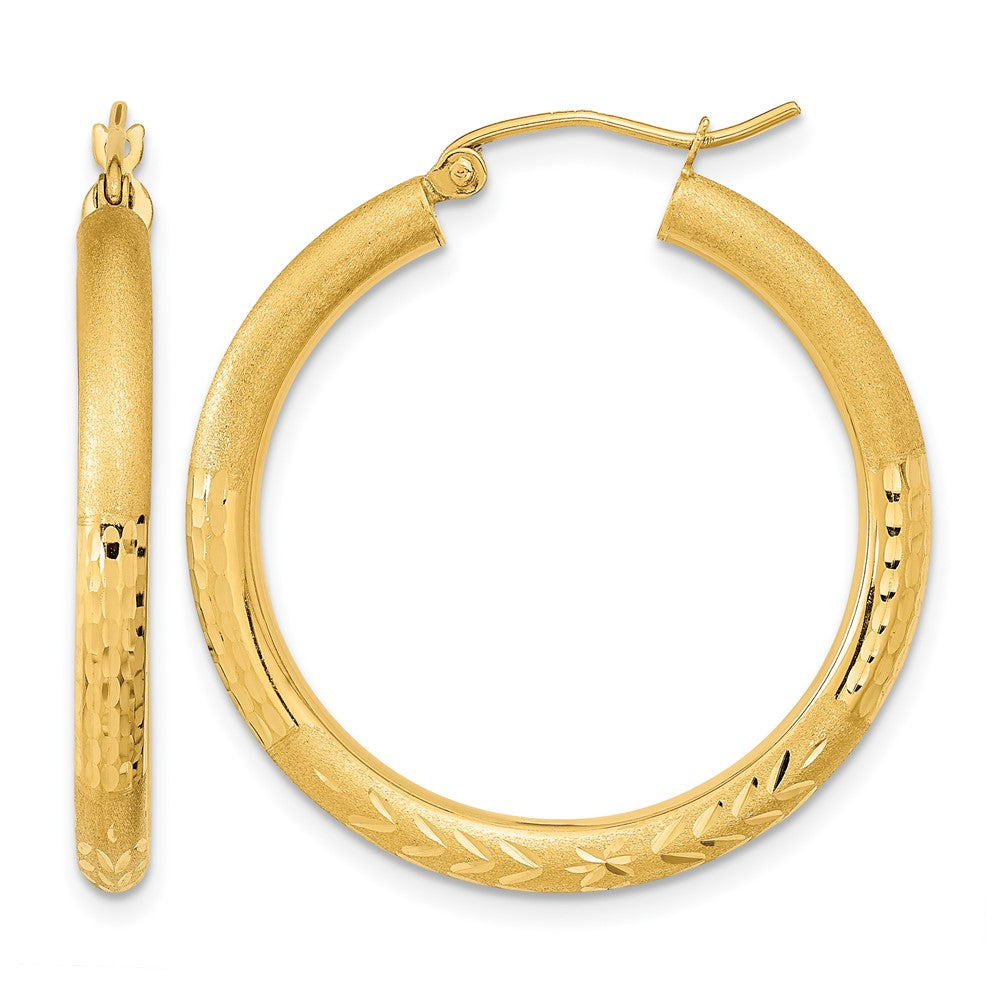 14k Polished Satin and Diamond-cut Hoop Earrings, 32.25 x 3 mm