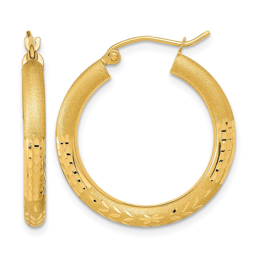 14k Polished Satin and Diamond-cut Hoop Earringss, 26.5 x 3 mm