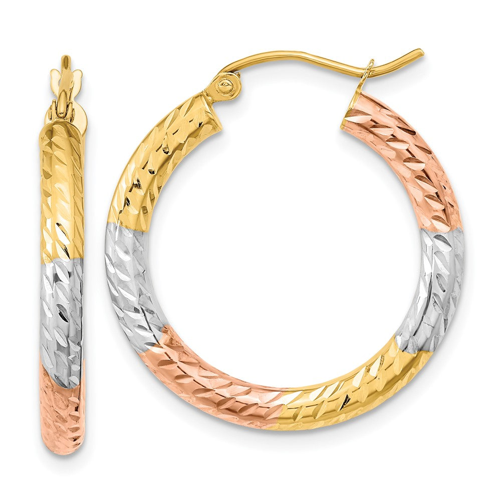 14k w/White and Rose Rhodium Polished Diamond-cut Hoop Earrings, 27.25 x 25.7 mm