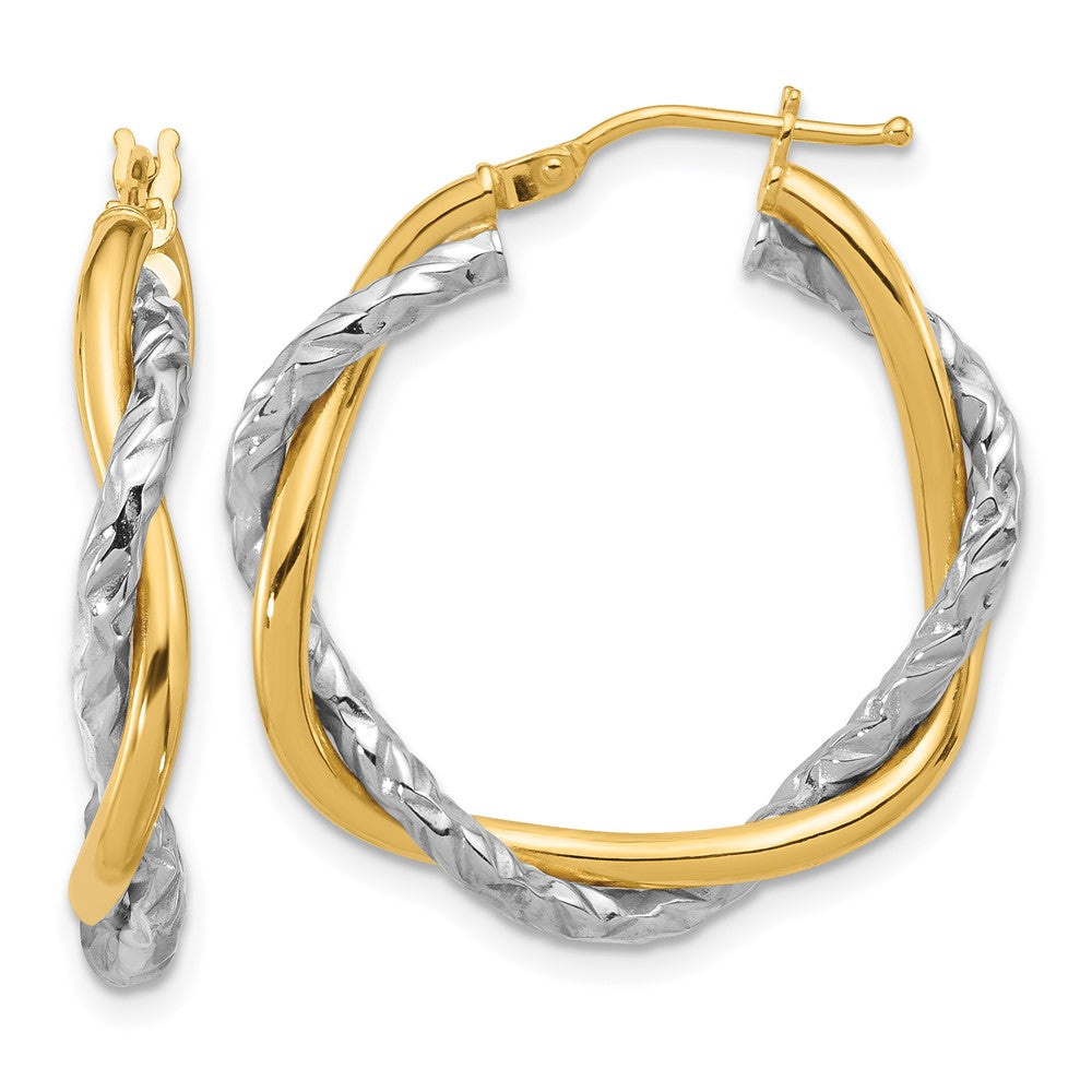 14k Two-tone Polished and Textured Twisted Hoop Earrings, 28.7 x 27.8 mm