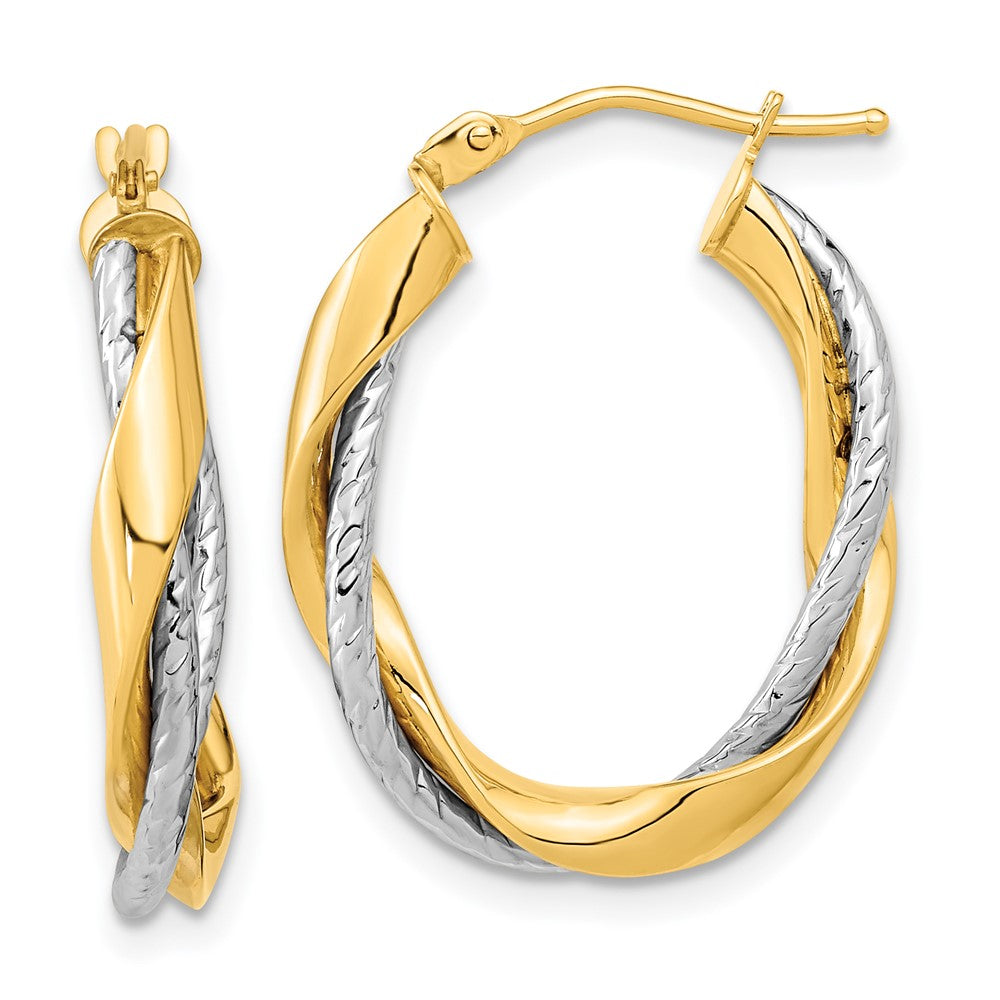 14k Two-tone Polished Rope Twisted Oval Hoop Earrings, 26.3 x 19.7 mm