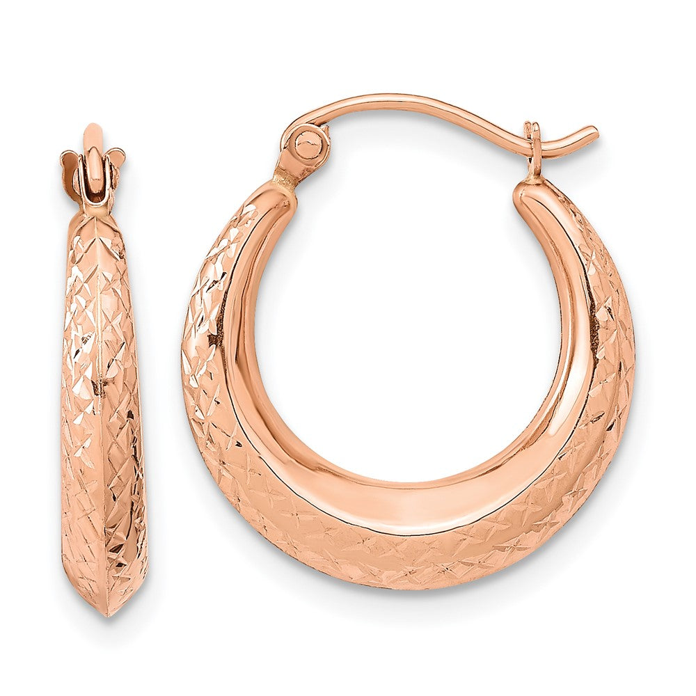 14K Rose Gold 3.25x18mm Textured Tapered Hollow Hoop Earrings, 19 x 3.25 mm